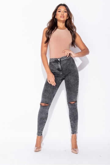 Dark Grey Acid Knee Slash High Waisted Jegging