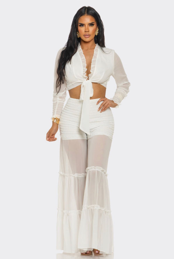 2 Piece White Sheer Leg Pants Set