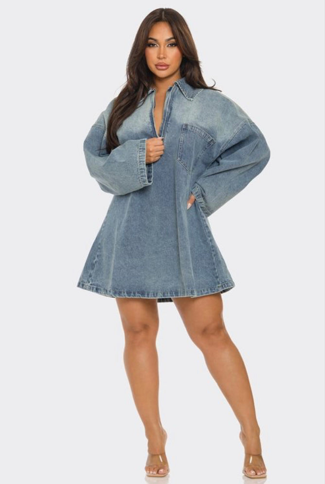 Front Denim Zipper Mini Dress