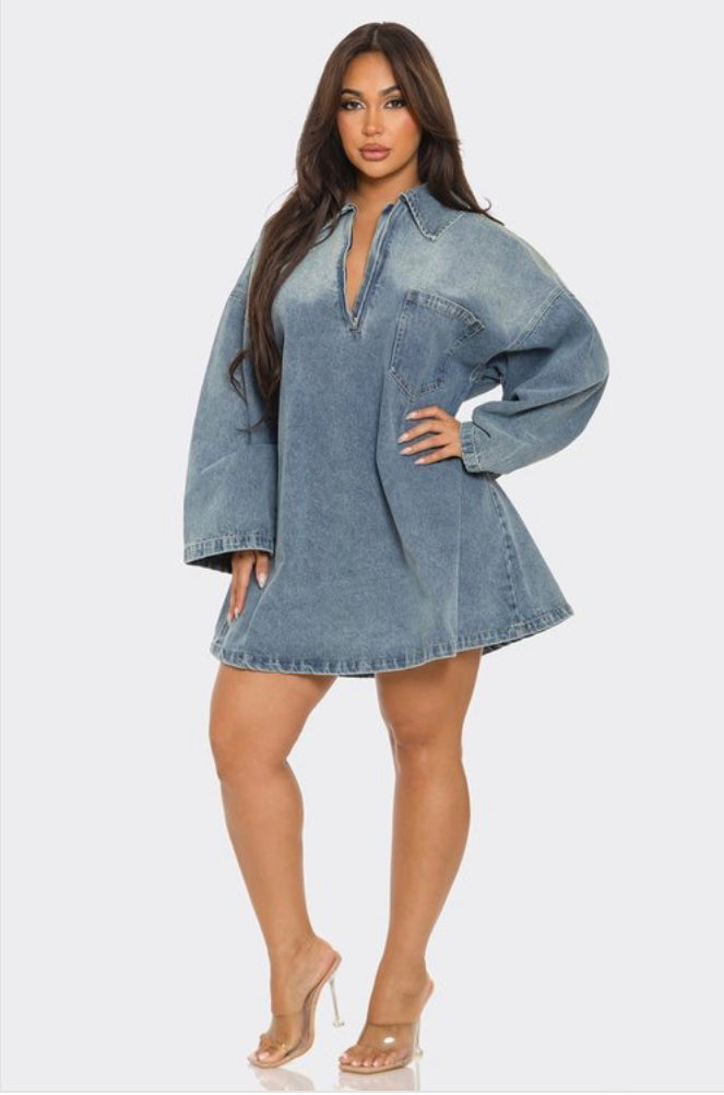 Front Denim Zipper Mini Dress Front Denim Zipper Mini Dress