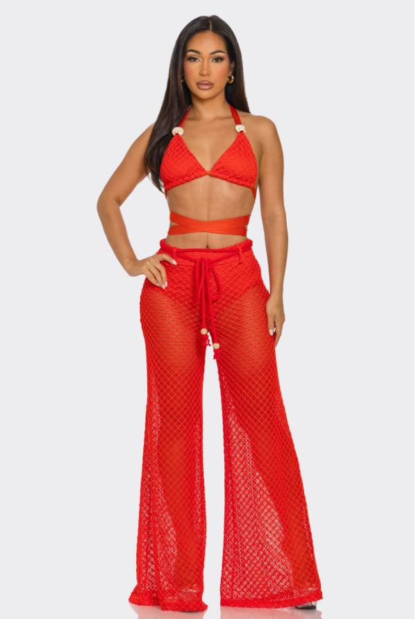 2pc Knitted Halter Bra & Knitted Wide Leg Pants