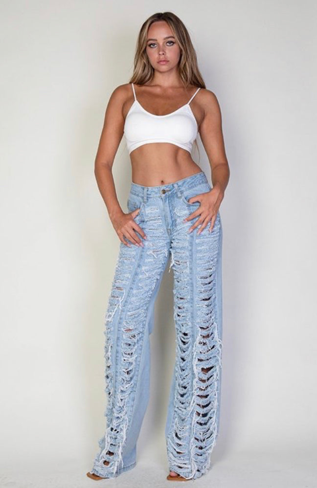 Destroyed Fringe Denim Pants