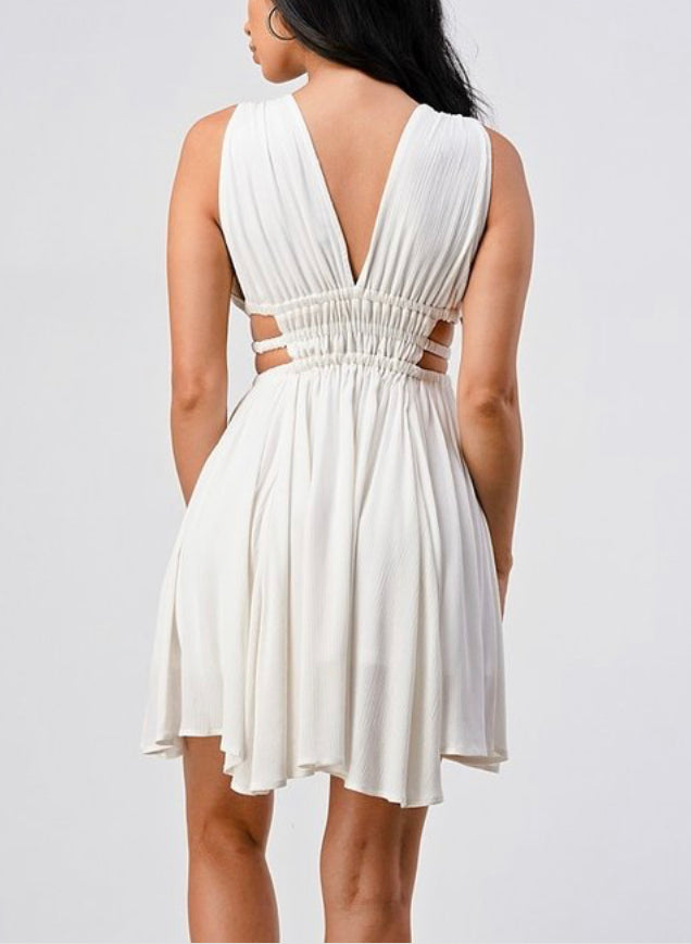 Off White Cutout Waist Mini Dress