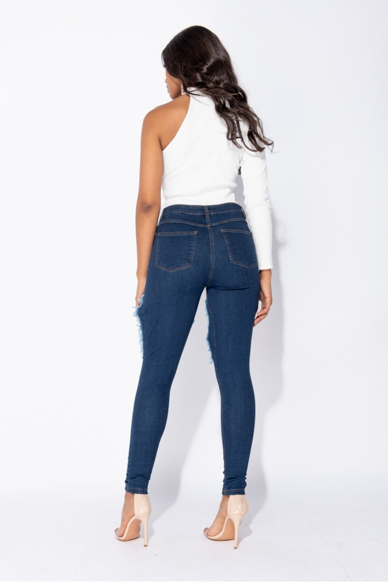 Indigo Extreme Distressed High Waist Skinny Jeans